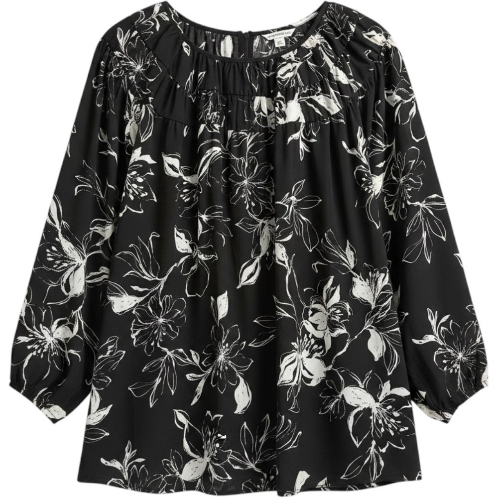 Counterparts Womens Flowy Black White Floral Blouse Ruffle Yoke Peasant Tunic XL
